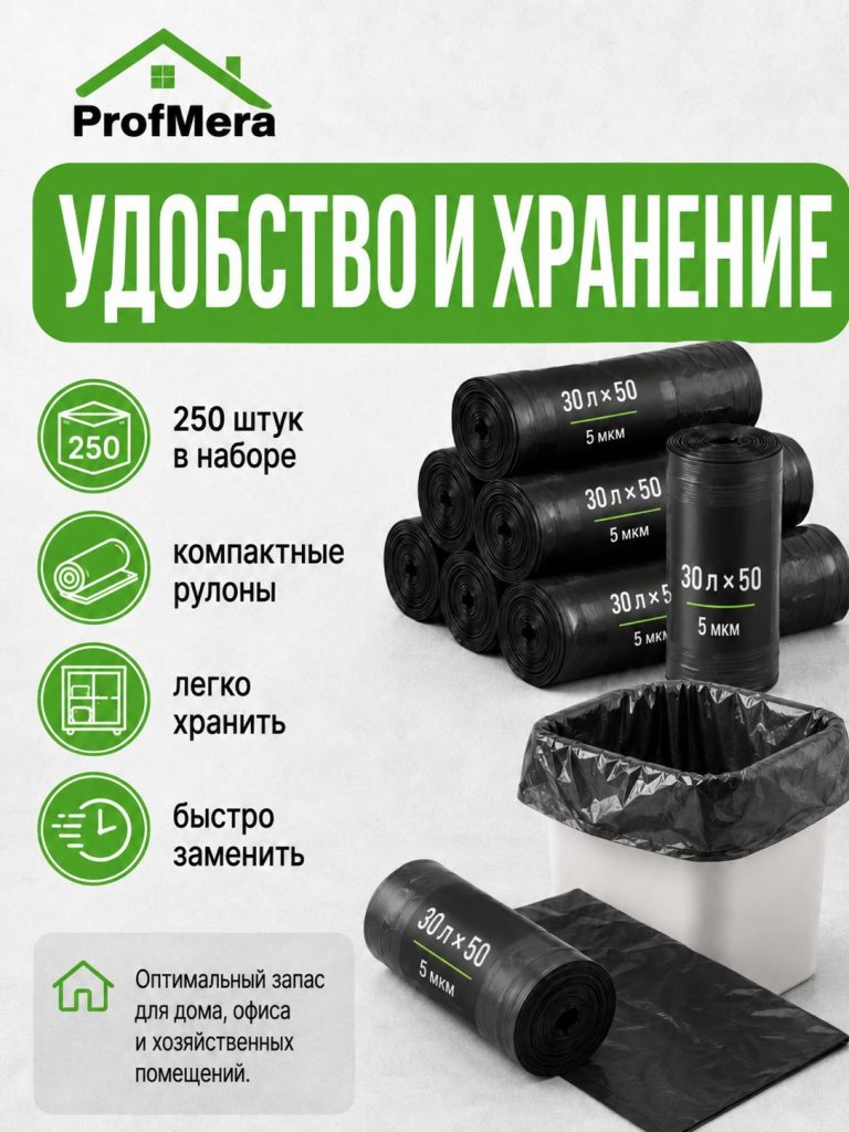 Пакет для мусора ПНД 30л - 250шт./Мусорные мешки плотные