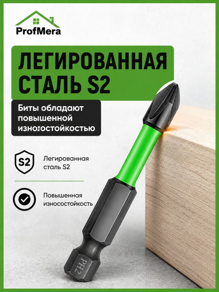 Набор бит торсионных ударных для шуруповерта с магнитным ограничителем IMPACT S2 PH2 x 50 мм 2 шт. для ДСП и гипсокартона / Комплект бит для отвёртки и дрели магнитные