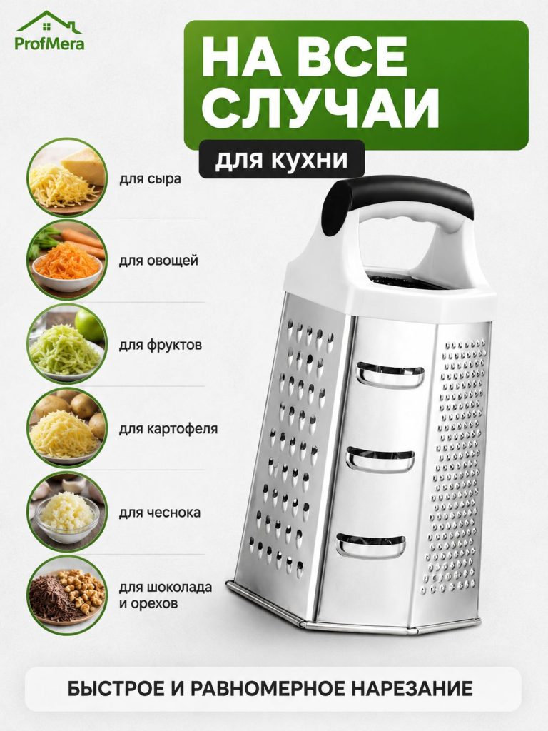 Терка шестисторонняя с пластиковой ручкой и антискользящей основой 22см, жесть