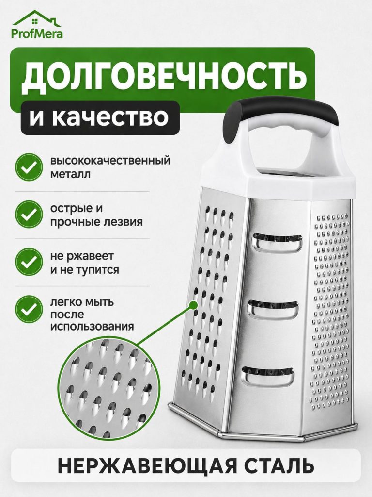 Терка шестисторонняя с пластиковой ручкой и антискользящей основой 22см, жесть