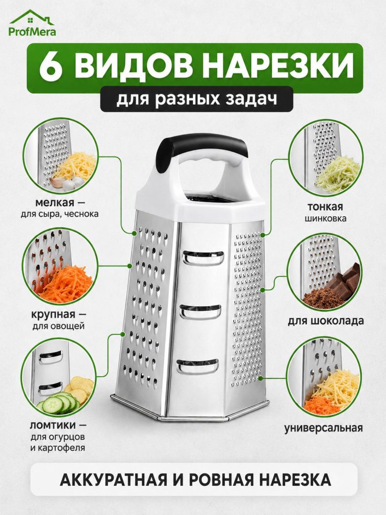 Терка шестисторонняя с пластиковой ручкой и антискользящей основой 22см, жесть