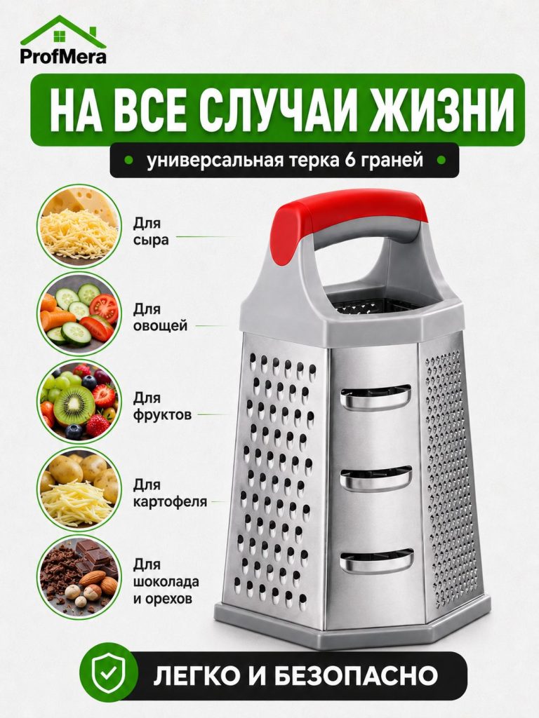 Терка 6-и сторонняя 23 см, нержавеющая сталь/Терка-измельчитель ручная для овощей, фруктов, сыра/Овощерезка универсальная