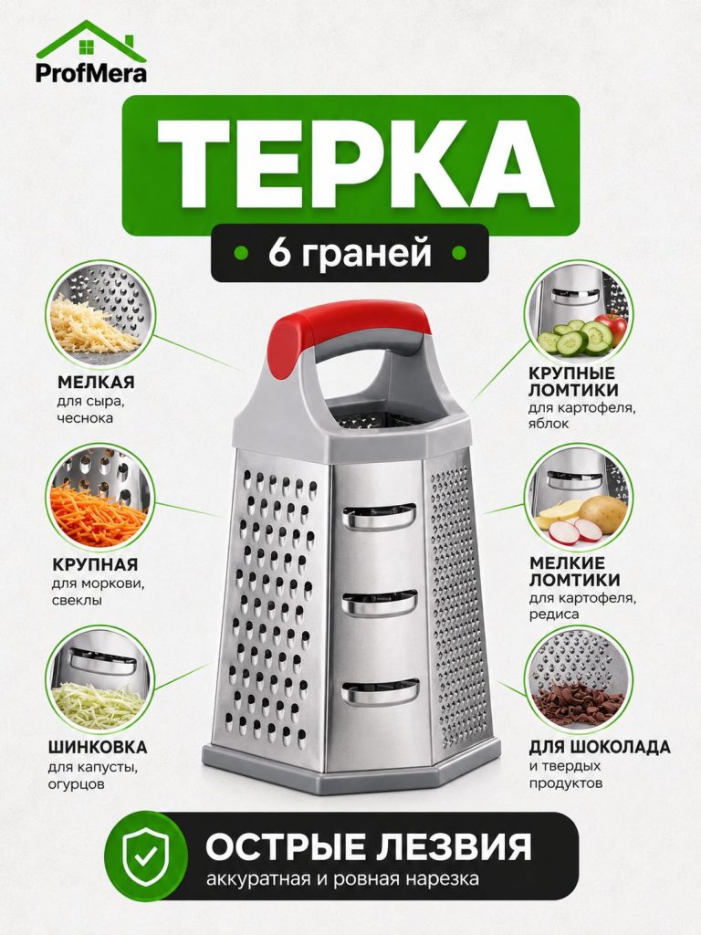 Терка 6-и сторонняя 23 см, нержавеющая сталь/Терка-измельчитель ручная для овощей, фруктов, сыра/Овощерезка универсальная