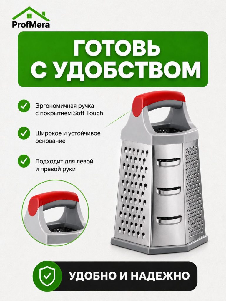 Терка 6-и сторонняя 23 см, нержавеющая сталь/Терка-измельчитель ручная для овощей, фруктов, сыра/Овощерезка универсальная