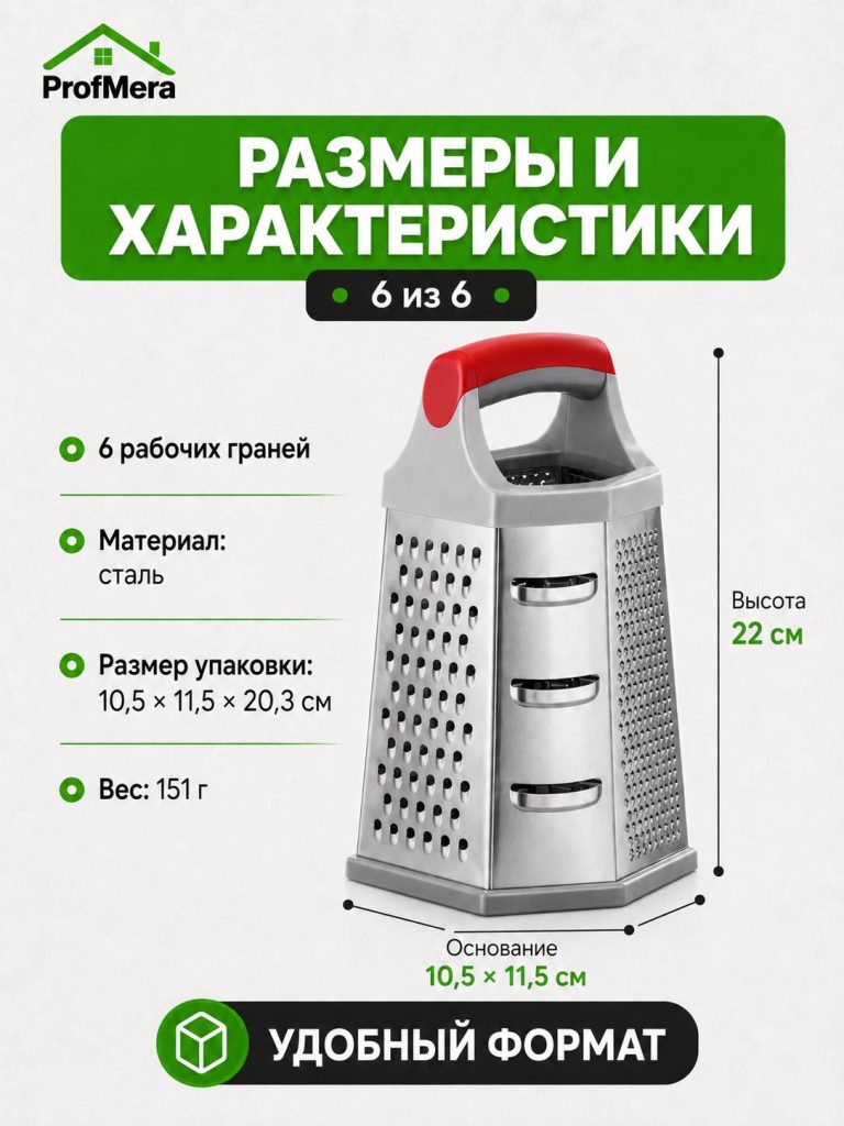 Терка 6-и сторонняя 23 см, нержавеющая сталь/Терка-измельчитель ручная для овощей, фруктов, сыра/Овощерезка универсальная