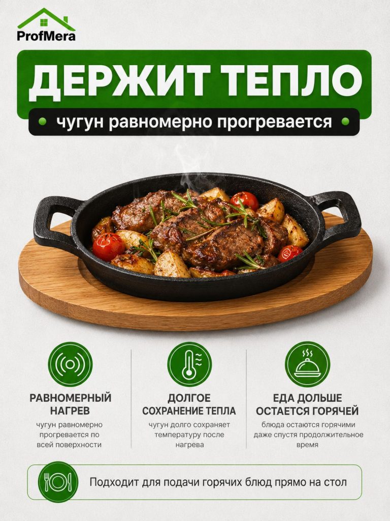 Мини сковорода на подставке из бамбука чугун, овальная, 15х10 см, индукция/Сковорода чугунная антипригарная для индукционных плит