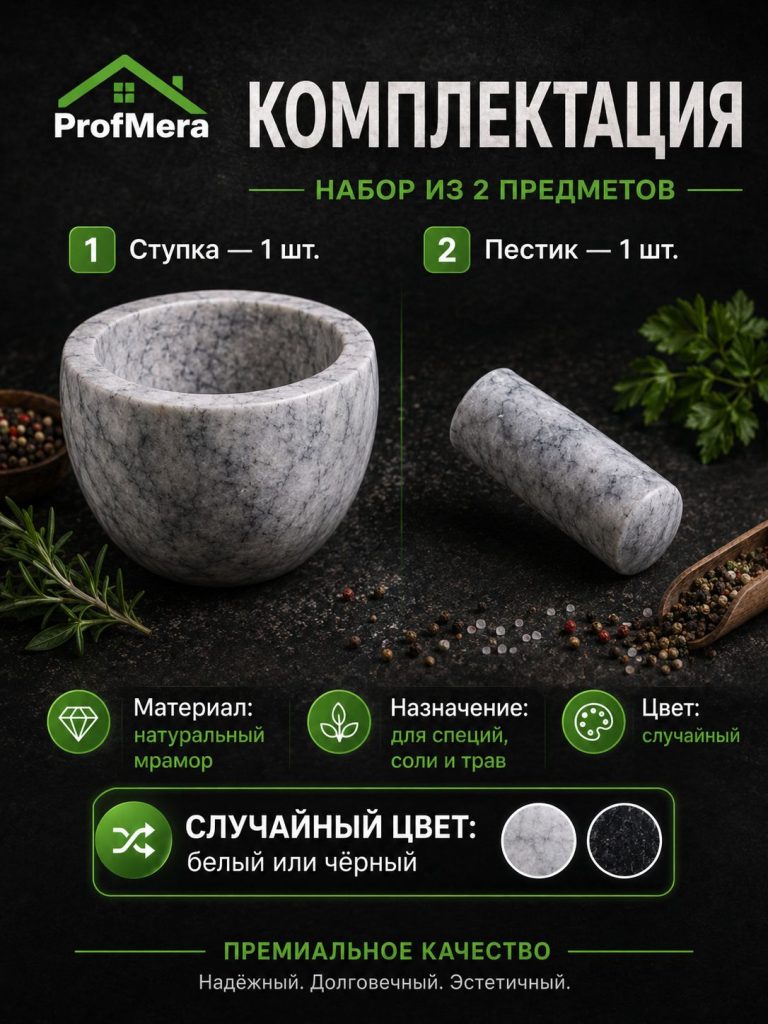 Компактная ступка с пестиком каменная для приправ, 10x7,5см, мрамор / Универсальная ступка для трав и специй