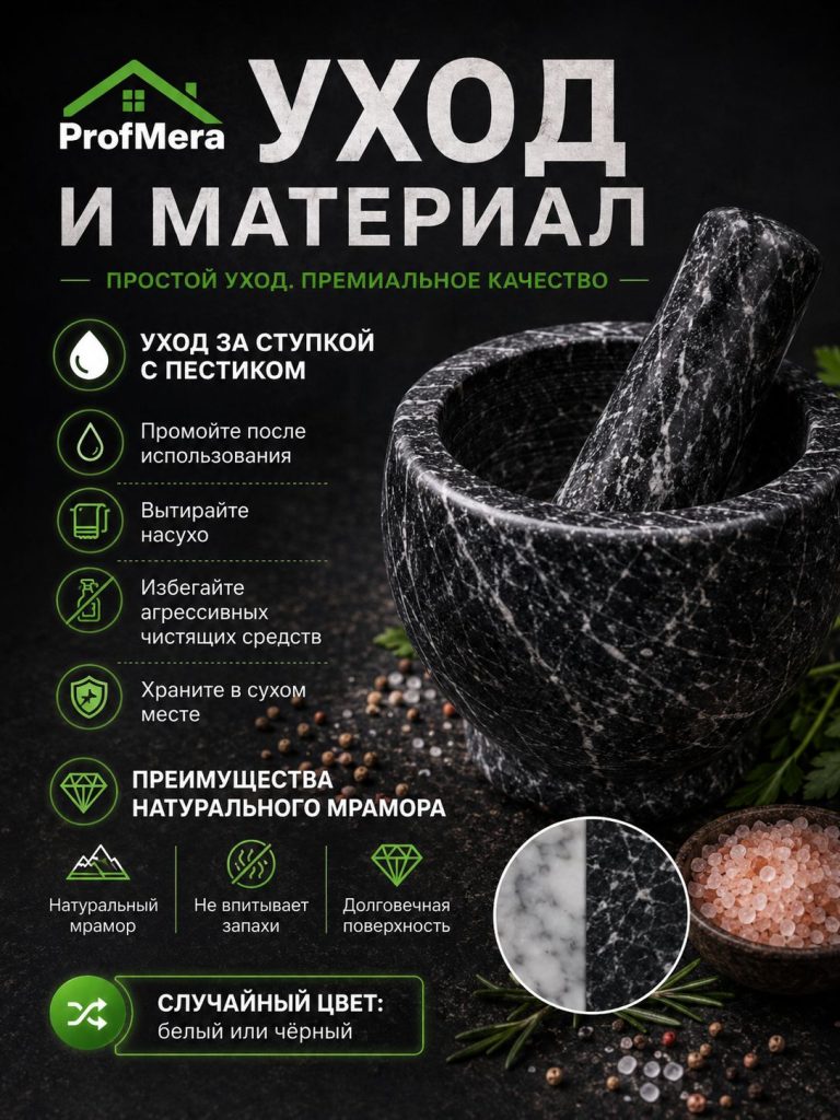 Компактная ступка с пестиком каменная для приправ, 10x7,5см, мрамор / Универсальная ступка для трав и специй
