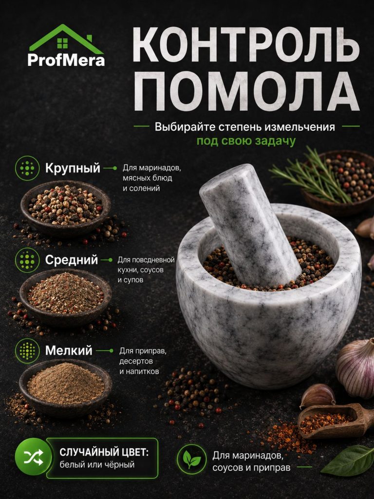 Компактная ступка с пестиком каменная для приправ, 10x7,5см, мрамор / Универсальная ступка для трав и специй