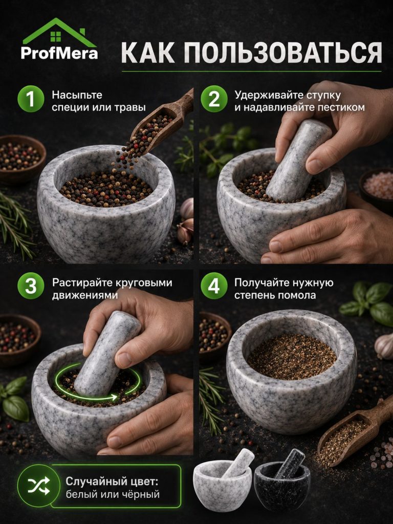 Компактная ступка с пестиком каменная для приправ, 10x7,5см, мрамор / Универсальная ступка для трав и специй
