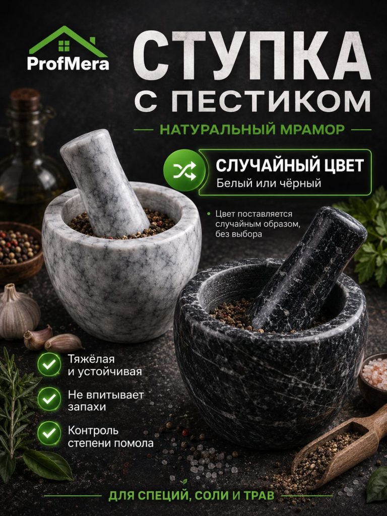 Компактная ступка с пестиком каменная для приправ, 10x7,5см, мрамор / Универсальная ступка для трав и специй
