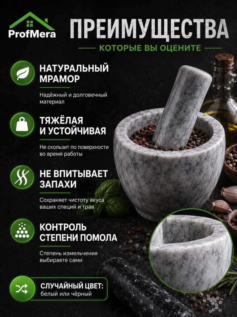 Компактная ступка с пестиком каменная для приправ, 10x7,5см, мрамор / Универсальная ступка для трав и специй