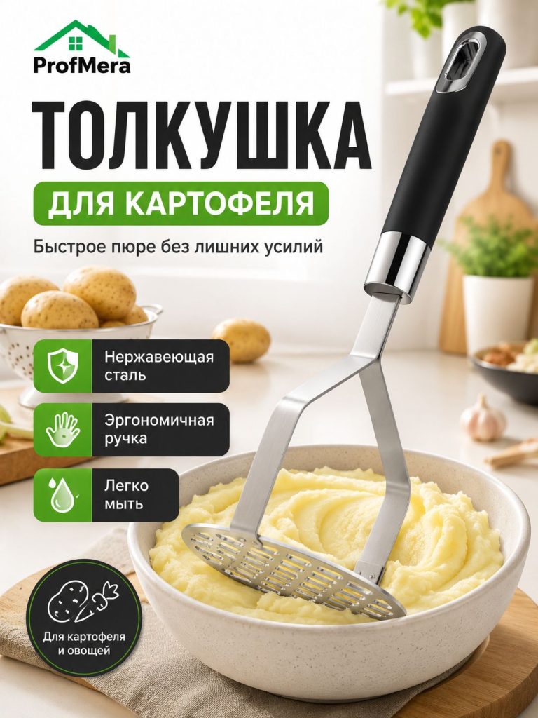 Толкушка для картофеля и пюре из нержавейки металлическая 28х10х9см / Пресс картофельный