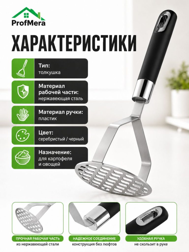 Толкушка для картофеля и пюре из нержавейки металлическая 28х10х9см / Пресс картофельный