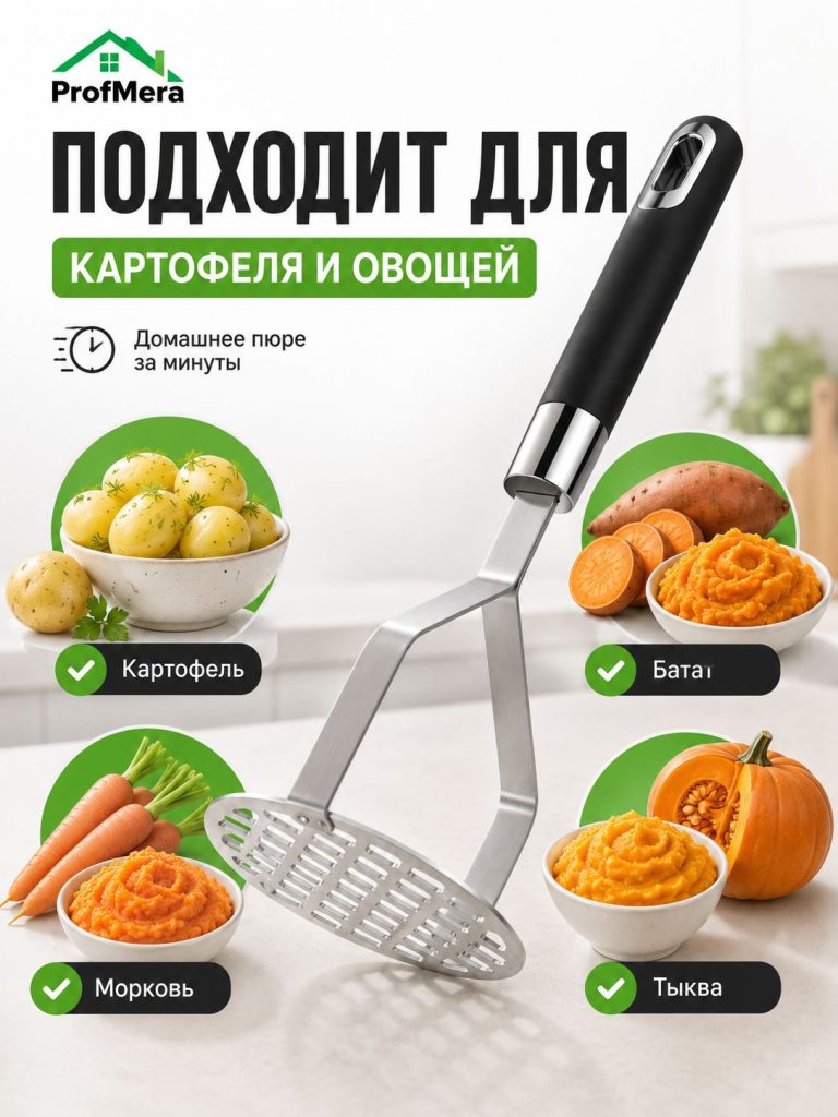 Толкушка для картофеля и пюре из нержавейки металлическая 28х10х9см / Пресс картофельный