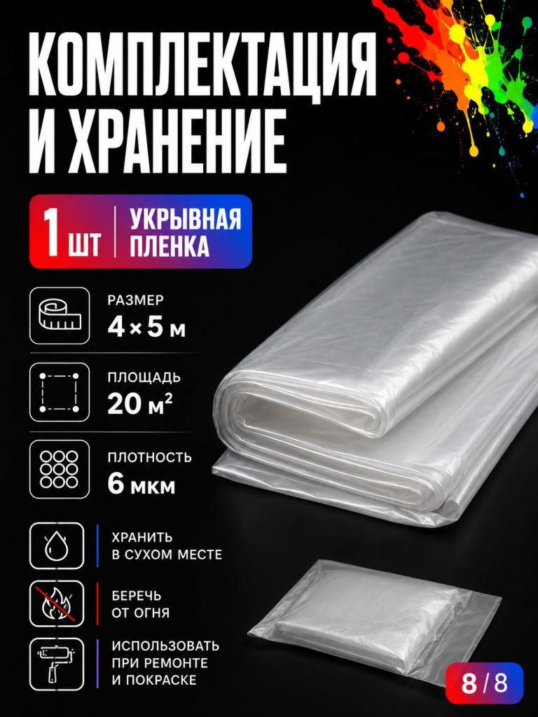 Пленка укрывная полиэтиленовая 4х5м 6 мкм 1шт для ремонта