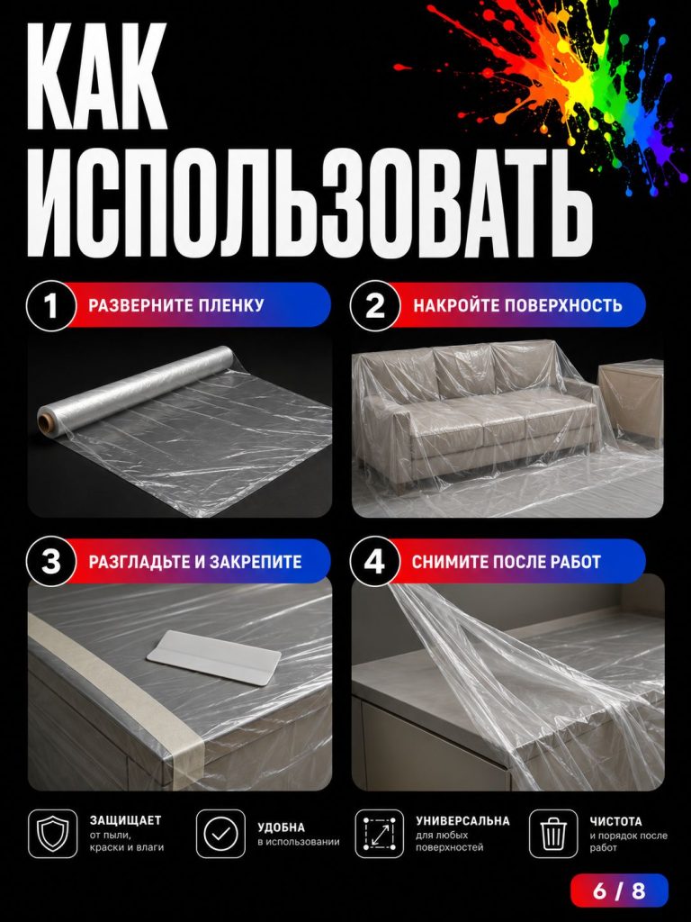 Пленка укрывная полиэтиленовая 4х5м 6 мкм 1шт для ремонта