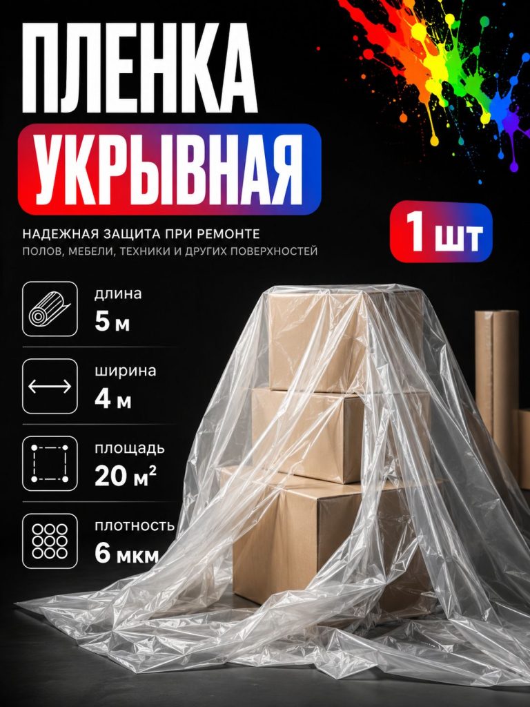 Пленка укрывная полиэтиленовая 4х5м 6 мкм 1шт для ремонта