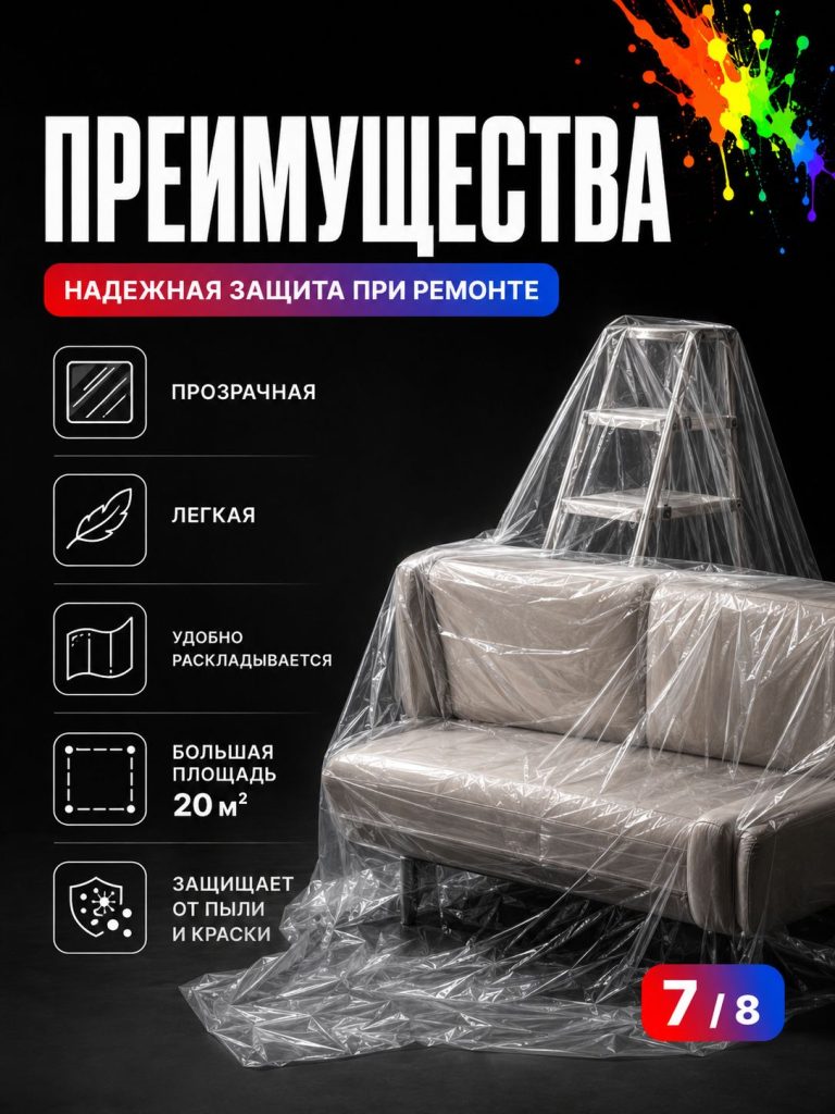 Пленка укрывная полиэтиленовая 4х5м 6 мкм 1шт для ремонта