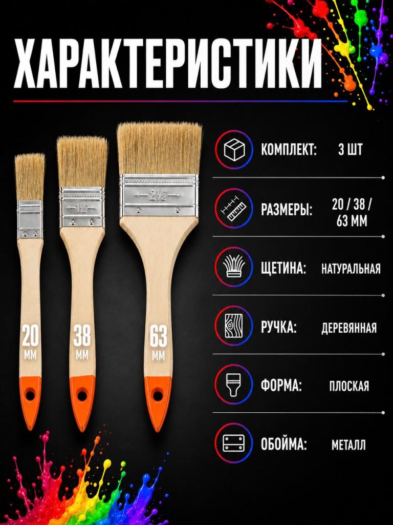 Кисть малярная. Набор 3 кисти для краски с искусственной щетиной