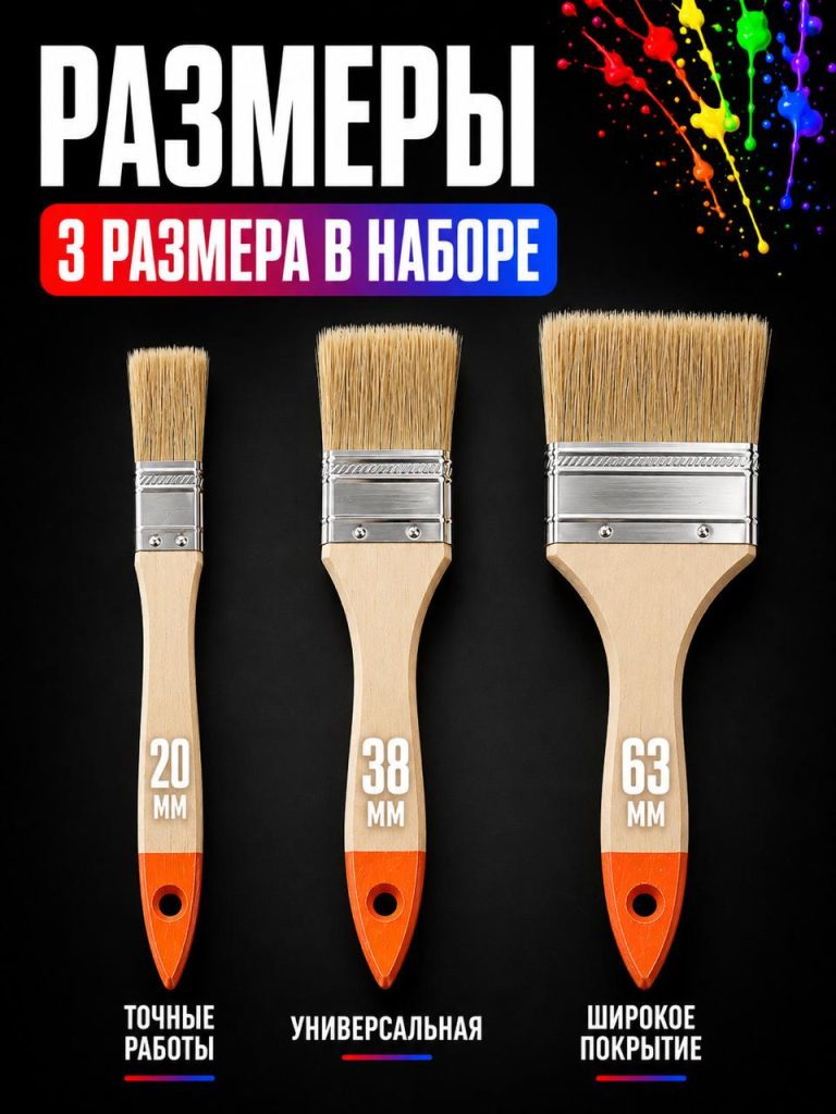 Кисть малярная. Набор 3 кисти для краски с искусственной щетиной
