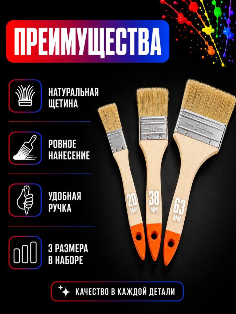 Кисть малярная. Набор 3 кисти для краски с искусственной щетиной