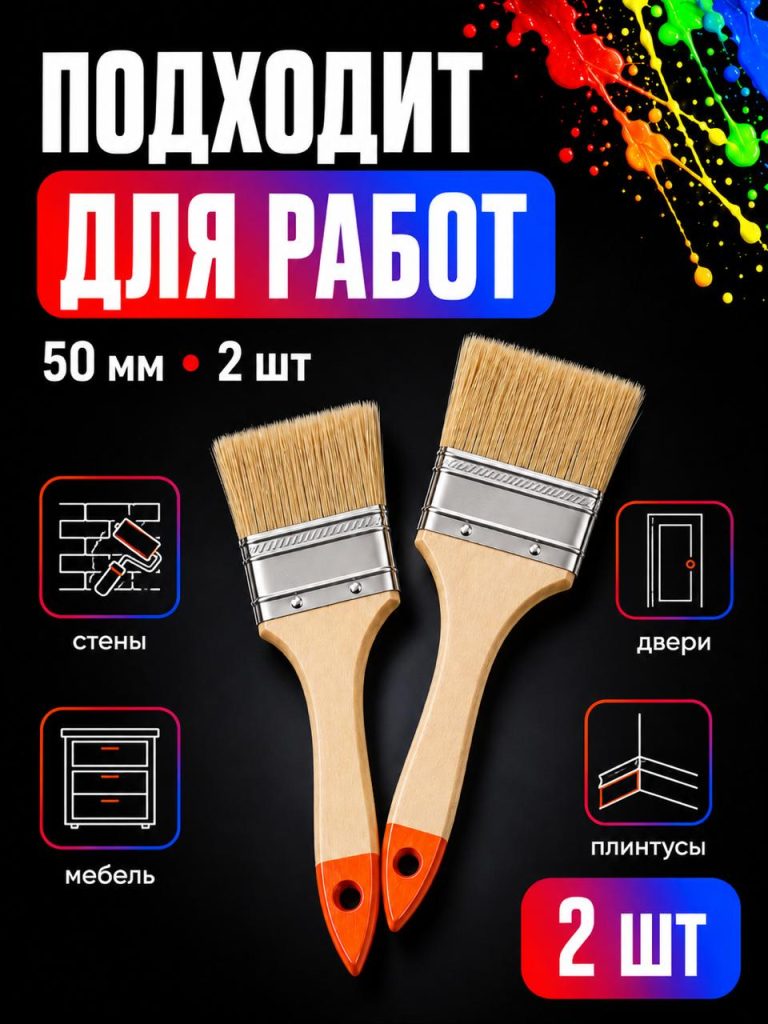 Кисть малярная. Набор 2 кисти для краски с искусственной щетиной