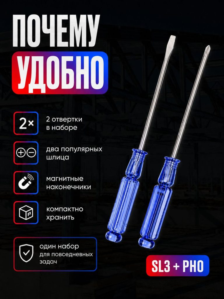 Набор отверток 2 шт, крестовая и плоская/Отвертки с магнитным наконечником 3х75мм (SL3 / PH0)