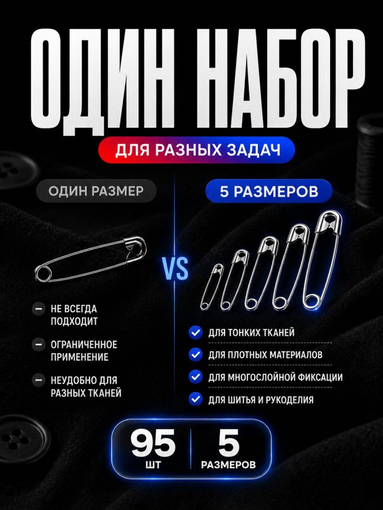 Набор булавок, 95 шт. / булавки английские для рукоделия и шитья, 23/30/35/45/53мм/Портновской набор для шитья и рукоделия