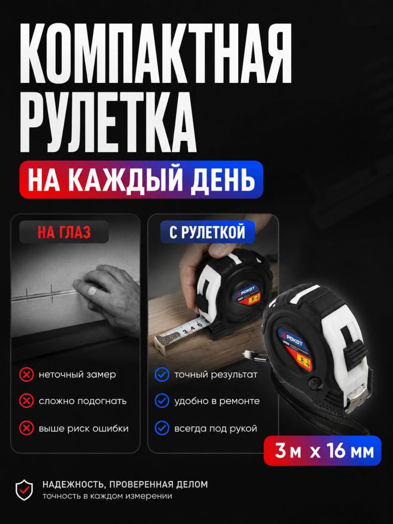 Рулетка с обрезиненным корпусом 3мх16мм, 3 фиксатора / Рулетка 3 метра