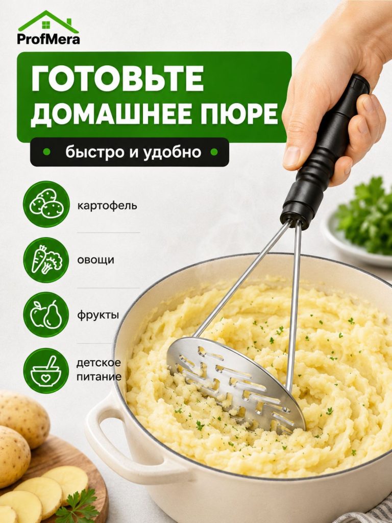 Толкушка для картофеля и пюре из нержавейки металлическая 27,5х10см / Пресс картофельный
