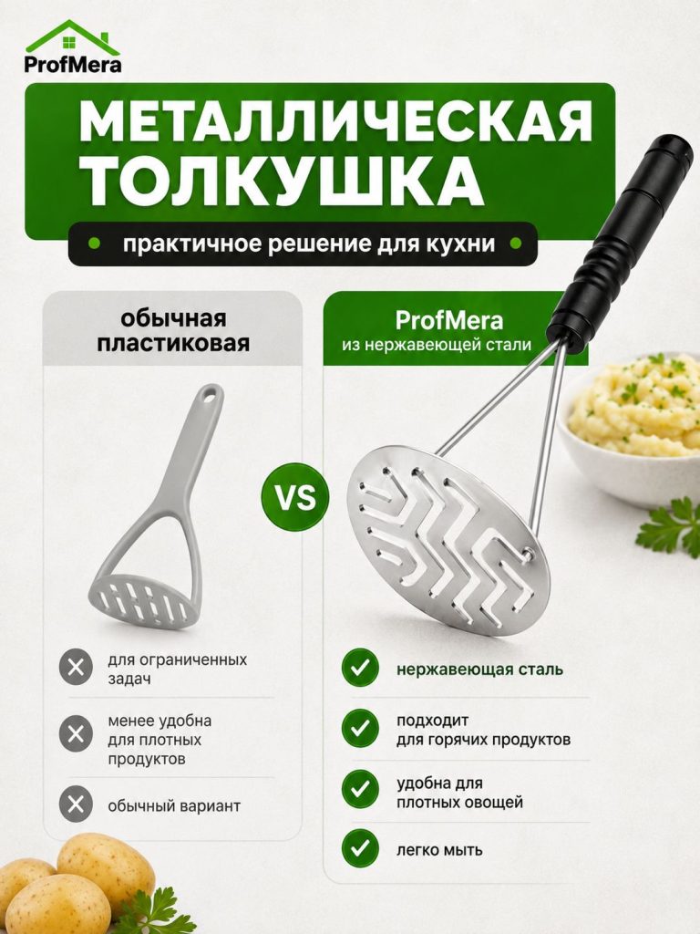 Толкушка для картофеля и пюре из нержавейки металлическая 27,5х10см / Пресс картофельный