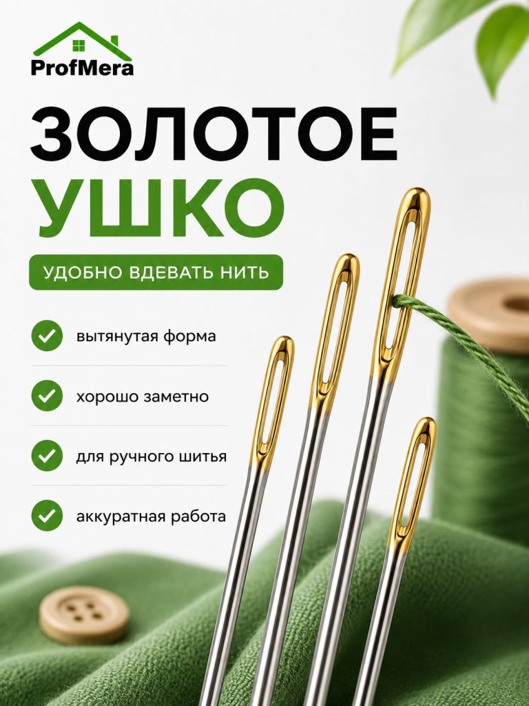 Набор швейных игл 10шт с золотым ушком, сталь