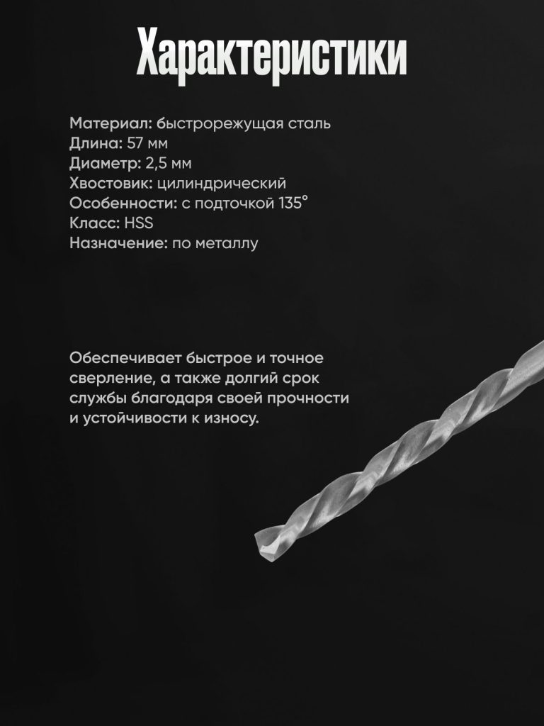 Сверло по металлу/Сверло с цилиндрическим хвостовиком 2.5х59мм, HSS
