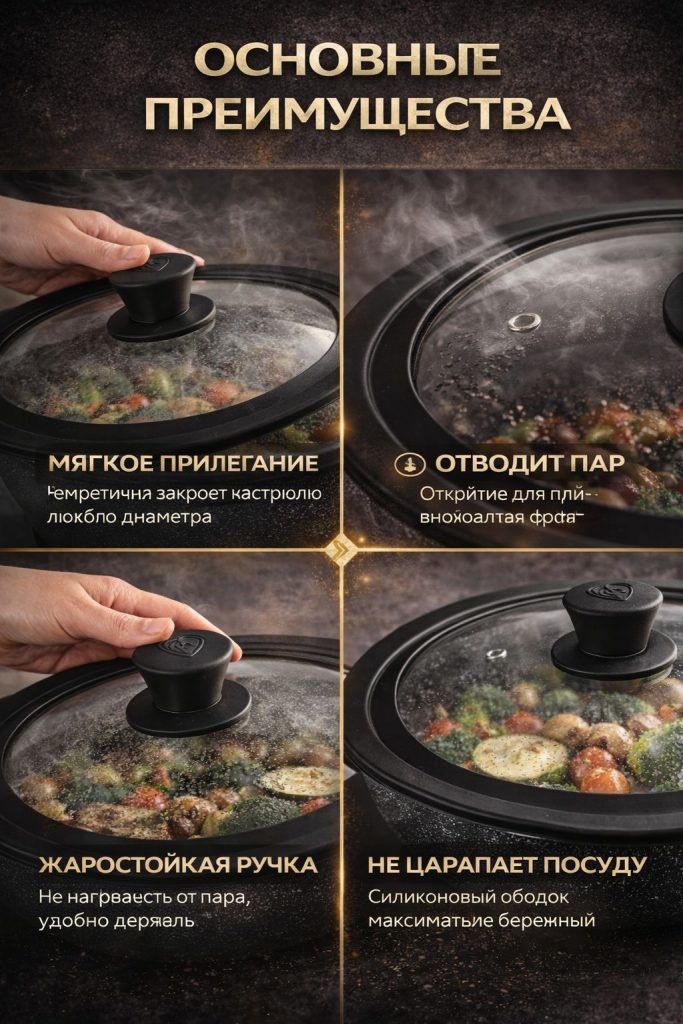 Крышка универсальная стекло,силикон с ручкой, 24-26-28см/Крышка для сковороды, кастрюли с ненагревающейся ручкой