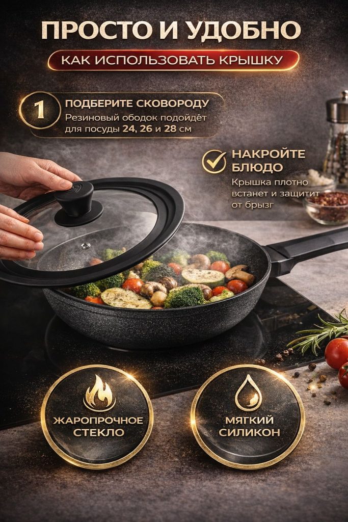 Крышка универсальная стекло,силикон с ручкой, 24-26-28см/Крышка для сковороды, кастрюли с ненагревающейся ручкой