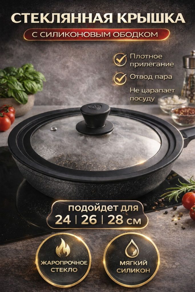 Крышка универсальная стекло,силикон с ручкой, 24-26-28см/Крышка для сковороды, кастрюли с ненагревающейся ручкой