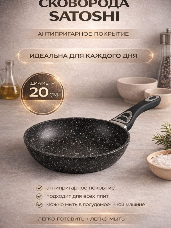 Сковорода литая d20см, антипригарное покрытие Мрамор, индукция/Сковорода мраморная антипригарная классика для индукционных плит