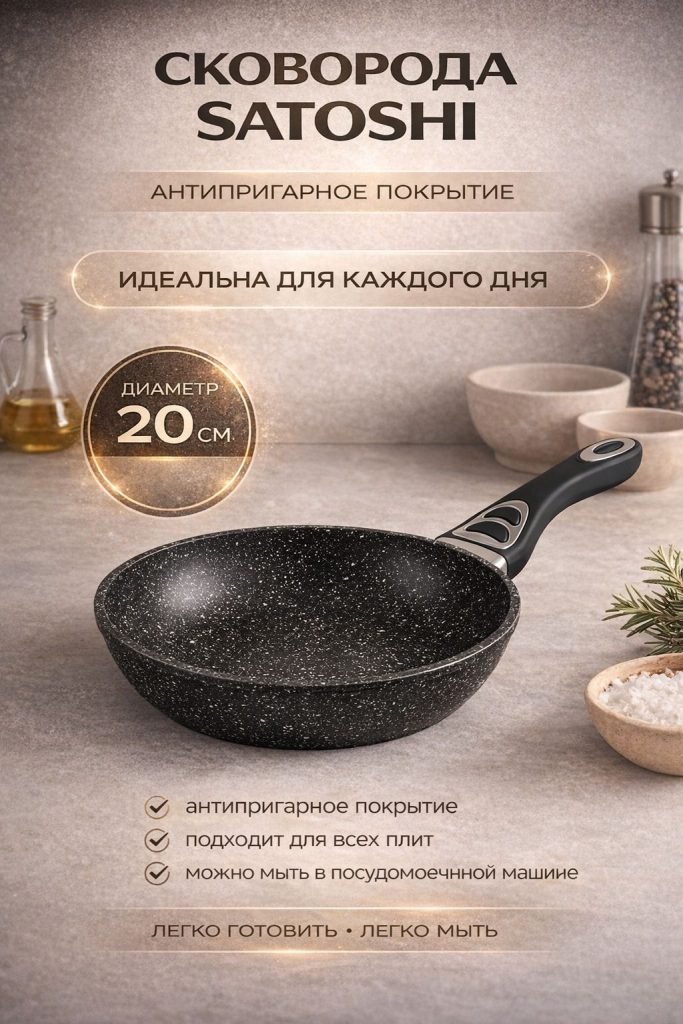 Сковорода литая d20см, антипригарное покрытие Мрамор, индукция/Сковорода мраморная антипригарная классика для индукционных плит